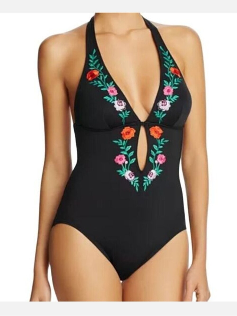 Kate Spade New York Marina Beach Halter Plunge One Piece Swimsuit black Sz Large